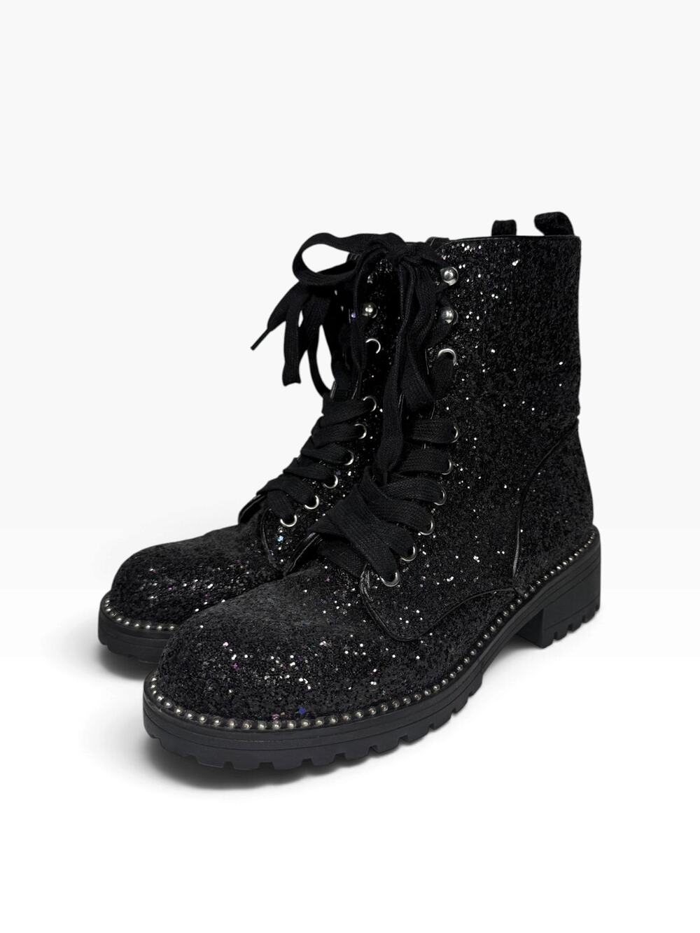 PORTLAND BOOT COMPANY Boots Size 8M Black Glitter Lace Up Side Zip